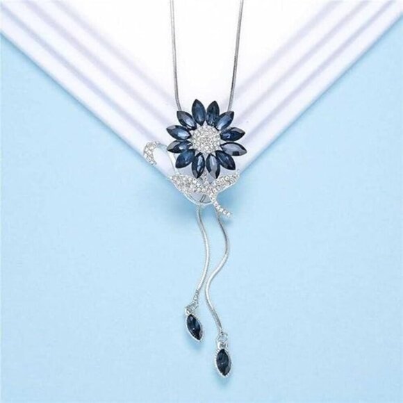 Bling Queen CZ Simulated Sapphire Sunflower Sliding Pendant Necklace - Picture 3 of 9